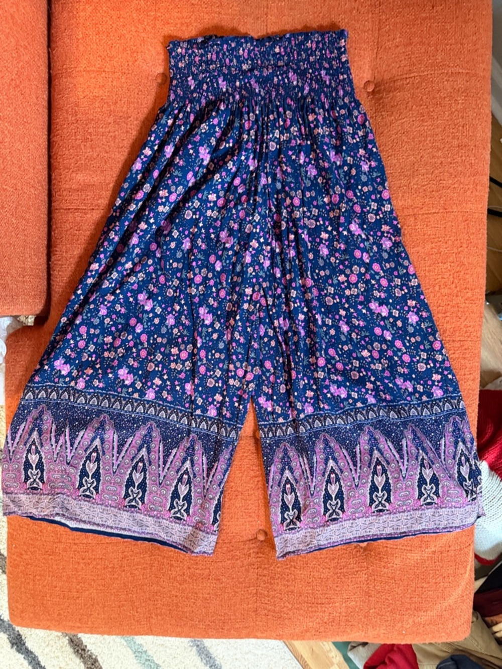 NATURAL LIFE Navy Smocked Waist Pants with Pink Floral